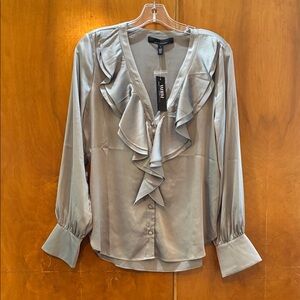 White House Black Market Silver Ruffle Blouse